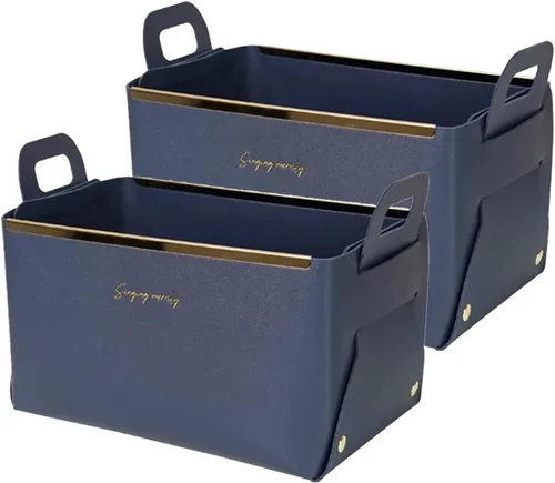 Vista 9 de Cesta Decorativa de Cuero Sintético, Cesta Pequeña Multiusos para Entrada, Mesita de Noche, Cómoda, Mesa Auxiliar, Bandeja Organizadora Rectangular
