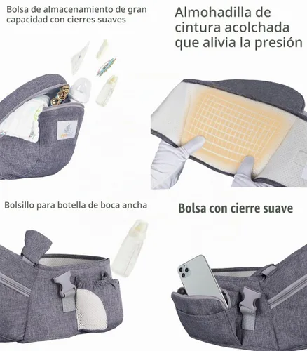 Vista 4 de Portabebés con Asiento de Cadera para Bebé, Taburete de Cintura para Niño Infante Pequeño con Correa Ajustable, Hebilla, Bolsillo, Interior Suave