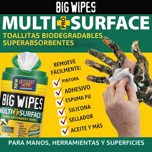 Vista 4 de BIG WIPES Recipiente multisuperficie resistente, paños de limpieza súper absorbentes para manos, superficies y herramientas, recipiente de 80