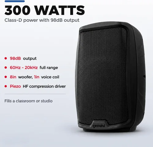 Vista 2 de Gemini Altavoz PA Bluetooth de 8" 500W con enlace TWS, USB/SD/FM, entradas XLR/RCA/AUX, canales de micrófono y guitarra, altavoz DJ compacto
