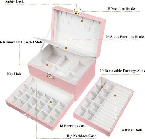 Vista 6 de QBestry Soporte para aretes para niñas, joyero para mujeres y niñas, organizador de aretes, caja organizadora de joyas con cerradura, caja