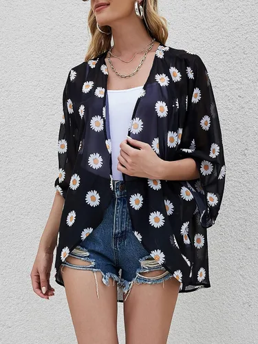 Vista 3 de Chunoy Cárdigan estilo kimono de gasa para mujer, ligero, con estampado floral, holgado, de manga corta, salida de baño, blusa para la playa