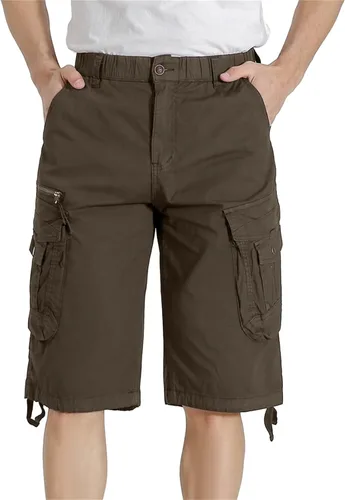 Vista 2 de Pantalones cortos cargo con cintura elástica para hombre, con bolsillo con cremallera, ajuste relajado, elásticos, ligeros, de algodón