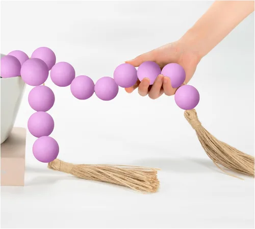 Vista 57 de OMISHE Guirnalda de cuentas de madera extra grande con cuentas de madera y borlas de 1.6 pulgadas de diámetro, cuentas decorativas rústicas de 41