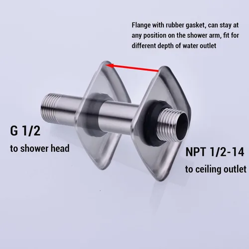 Vista 4 de Brazo de ducha con brida de acero inoxidable de 4 pulgadas, extensión recta montada en el techo para cabezal de ducha de lluvia superior, níquel