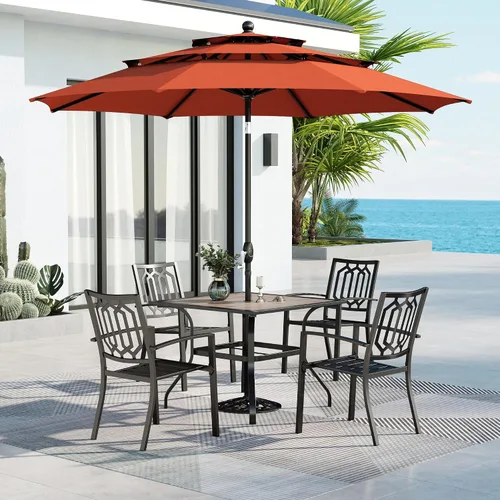 Vista 22 de MFSTUDIO Juego de mesa de comedor para patio al aire libre con paraguas, 4 sillas giratorias y 1 x 37 cuadrado Bistro forjado Iorn Slat mesa grande