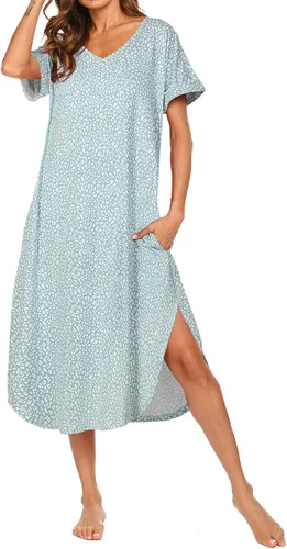 Vista 6 de AVIIER - Camisones de algodón para mujer, ropa de dormir suave con bolsillos, tallas S a XXL Negro Floewer 4
