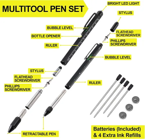 Vista 3 de Juego de bolígrafos multiherramienta 11 en 1 con LED, lápiz capacitivo, nivel, destornillador, cabeza plana, regla, regalos para hombres, él, papá