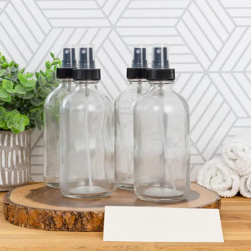 Vista 2 de Cornucopia Brands Botellas de spray de vidrio transparente de 8 onzas (paquete de 4) Boston Round con atomizador Spritzers para aromaterapia