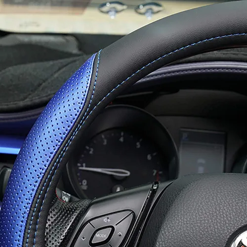 Vista 2 de Bwen Funda de cuero genuino para volante de Toyota CHR 2018, 2019, 2020, 2021, funda de volante de costura manual para cuatro estaciones, color azul