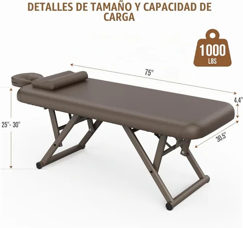 Vista 2 de pouseayar Mesa de masaje ajustable con almohada facial y reposacabezas, resistente y sólida, silenciosa y fácil de ajustar, respaldo fijo, marrón