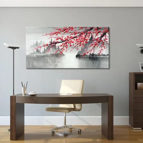 Vista 4 de Pintura tradicional china pintada a mano en lienzo de flor de ciruelo, arte de pared, pintura al óleo moderna de paisaje en blanco y negro para sala