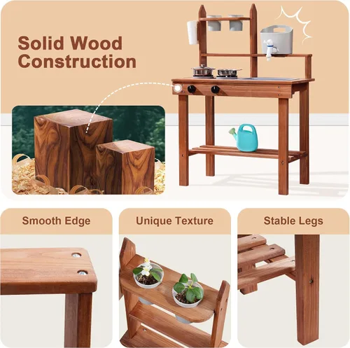 Vista 4 de ROBUD Cocina de barro para niños al aire libre, cocina de madera al aire libre, cocina de barro para niños con fregadero y grifo extraíbles