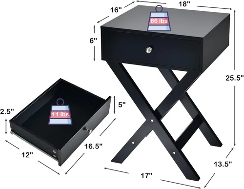 Vista 3 de Giantex Mesita de noche con cajón, mesa auxiliar en forma de X, mesa auxiliar moderna para sofá, mesa de noche multifuncional para el hogar, sala