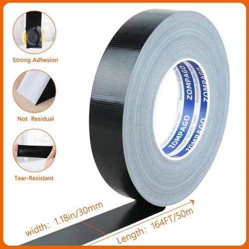 Vista 2 de ZOMPAGO Cinta adhesiva negra de 1.18 pulgadas x 164 pies, resistente e impermeable, cinta de tela para reparación al aire libre, hogar, automóvil