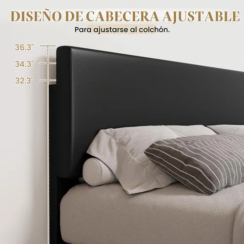 Vista 2 de SHA CERLIN Base de cama tapizada de plataforma negra tamaño Queen con cabecera ajustable de 3 niveles de altura, soporte de listones de madera,