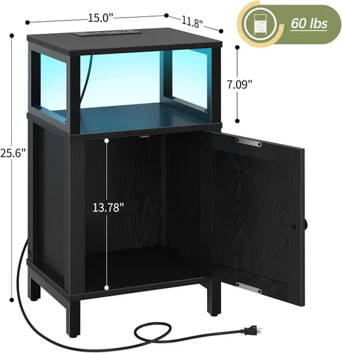 Vista 3 de Yoobure Mesita de noche de granja con estación de carga, extremo de noche de madera con puertos USB, mesa auxiliar de cama LED con armario de Negro