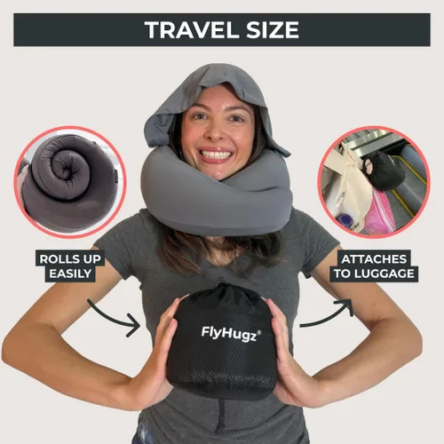 Vista 2 de FlyHugz® Almohada de viaje con capucha 2.0 – Versión original 2026 – Almohada de cuello de espuma viscoelástica con capucha ajustable y funda Gris