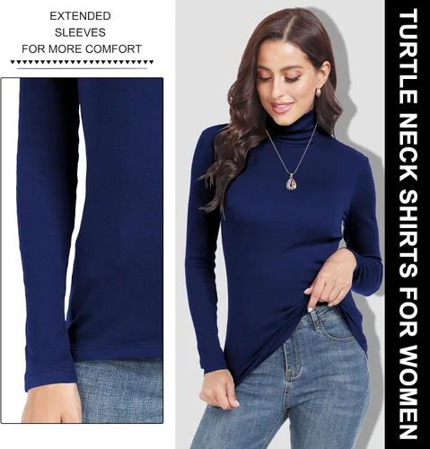 Vista 3 de Cotton Ribbed Turtleneck Shirt Women Long Sleeve Turtle Necks Tops Thermal Undershirt 2Packs