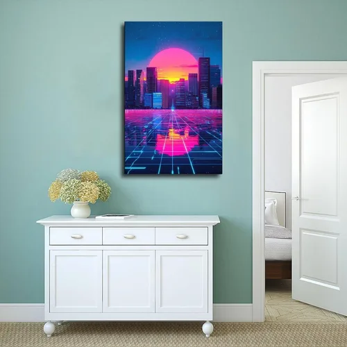 Vista 4 de Cyberpunk - Arte de pared Vaporwave - Póster de ciudad futurista de neón, impresión retro de onda sintética moderna, impresiones de pared abstractas