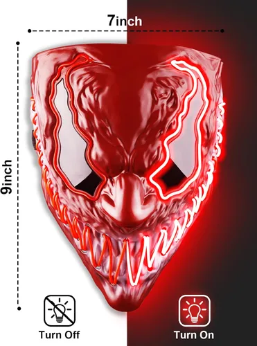Vista 2 de Venobat - Máscara con luz LED de Halloween para disfraz de purga, fiesta de niños y adultos, máscara de neón aterradora y brillante con ojos de ala