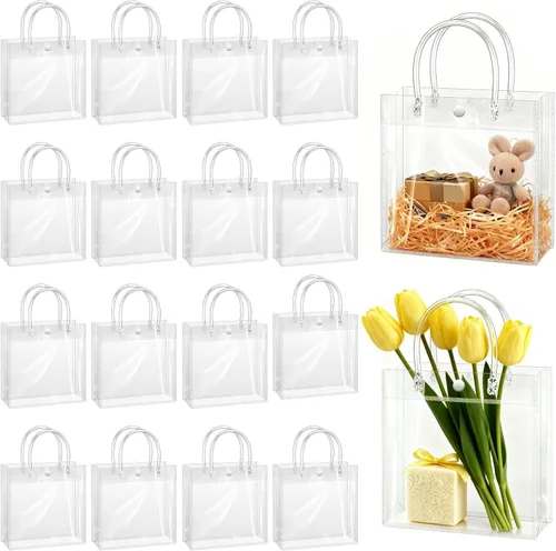 Vista 13 de BadenBach - 24 bolsas pequeñas de regalo transparentes con asas, 5.1 x 5.9 x 2.8 pulgadas, mini bolsa de plástico transparente para fiesta, bolsa