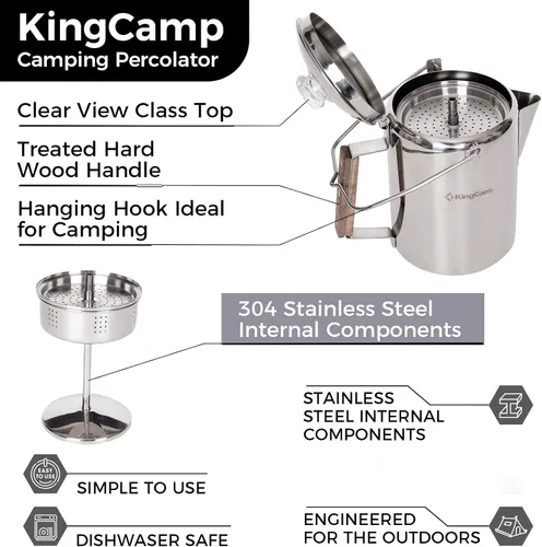 Vista 3 de KingCamp Percolator - Cafetera de acero inoxidable 304 con mango de madera para acampar al aire libre, cabina, caravana, cocina, caza y mochilero