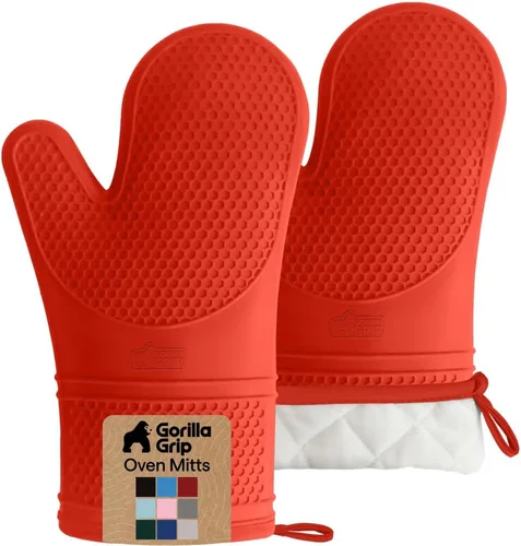 Vista 12 de GORILLA GRIP - Juego de guantes de horno de silicona suave sin BPA, guantes de cocina resistentes al calor e impermeables, forro de algodón grueso