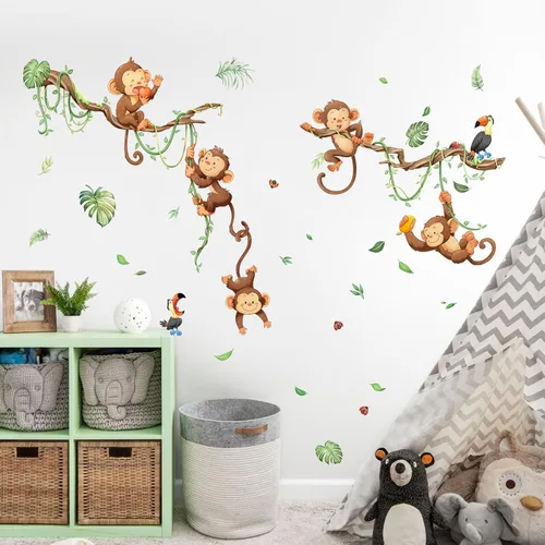 Vista 6 de Calcomanías de pared de árbol trepador de mono, animales de la selva y hojas de vid, calcomanías de pared para guardería, habitación de los niños