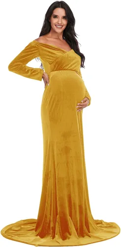 Vista 2 de ZIUMUDY Vestido de maternidad de terciopelo con hombros descubiertos, vestido de fotografía de manga larga para sesión de fotos, vestido de baby