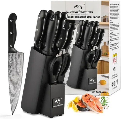 Vista 12 de Juego de cuchillos de cocina, juego de cuchillos de cocina de Damasco de 18 piezas con bloque, mango ergonómico de ABS para juego de cuchillos