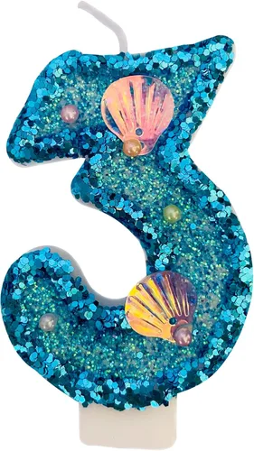 Vista 11 de Vela de número azul, velas de número con lentejuelas en forma de concha para pasteles de cumpleaños, suministros para fiestas con temática