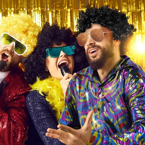 Vista 7 de JieyueJewelry 4 piezas de disfraz de discoteca de los años 70 para hombre, disfraz de discoteca con lentejuelas, camisa brillante de manga larga