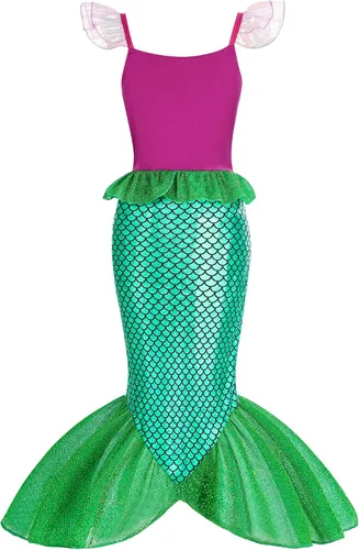Vista 3 de CaoKaien Disfraz de sirena para niñas, disfraz de princesa pequeña con accesorios para fiesta, disfraz de cosplay