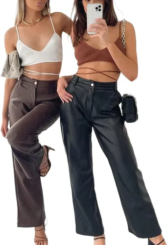 Vista 4 de NUFIWI Pantalones de piel sintética para mujer, cintura alta, rectos, pierna ancha, leggings de poliuretano, pantalones casuales de color sólido