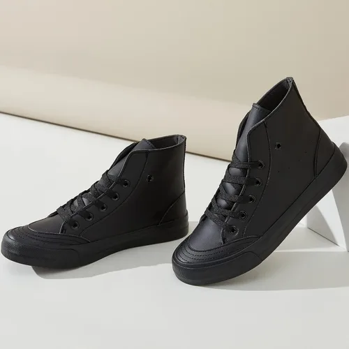 Vista 8 de Moudki Tenis altos de piel sintética para mujer, zapatos altos casuales en blanco y negro, zapatos deportivos de moda para mujer con cordones