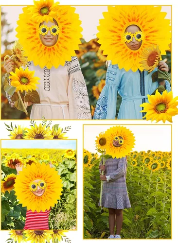 Vista 6 de Mepase Juego de 3 divertidos accesorios de disfraz de flores amarillas de 23 pulgadas, guantes verdes de girasol para bailes, fiestas, festivales