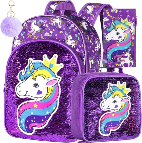 Vista 19 de 3 piezas de mochilas infantiles para niñas, 41 cm, mochila escolar preescolar y lonchera con diseño de unicornio/sirena/flamenco Mochila