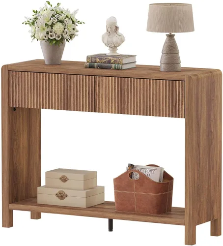 Vista 13 de FATORRI Mesa de entrada consola con almacenamiento, mesa de sofá estrecha de madera con cajones y estante abierto, mesas de pasillo modernas