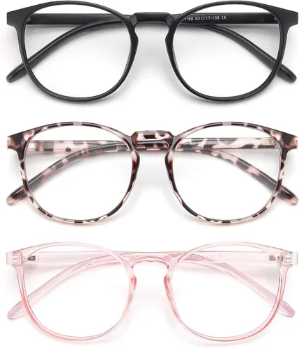 Vista 26 de IBOANN - Lentes con filtro de luz azul para mujeres y hombres, paquete de 3 unidades, armazón redonda estilo retro a la moda, lentes falsos vintage