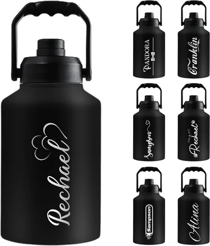 Vista 9 de Botellas de agua aisladas personalizadas de 64 onzas con tapas de mango de boquilla, nombre personalizado, logotipo, texto grabado, botella de agua
