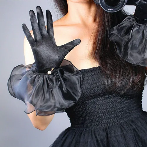Vista 5 de DooWay Guantes sexis de seda satinada para mujer con pantalla táctil para muñeca pantalones cortos elásticos de tul de organza con volantes manga