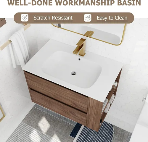 Vista 4 de Juego de tocador de baño de 30 pulgadas con lavabo de gel montado en la pared, moderno juego de tocador de baño con 2 cajones y estante abierto