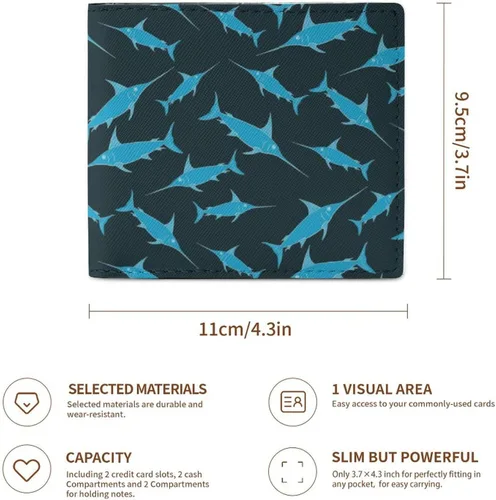Vista 2 de Cartera caótica con diseño de pez espada y animales del océano para mujeres y hombres, monedero de cuero plegable con tarjeta gráfica, tamaño único