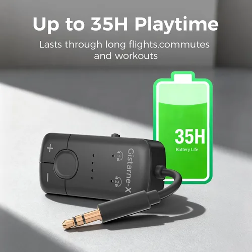 Vista 7 de Transmisor de audio Bluetooth 5.3 con Qualcomm aptX adaptativo, soporte de dispositivo doble, duración de la batería de 35 horas, AUX de 0.138 in