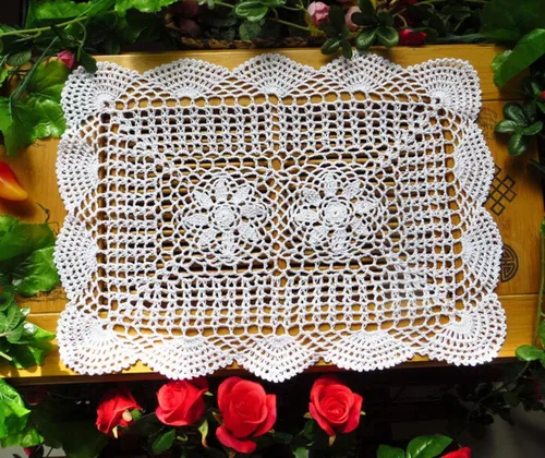 Vista 3 de Laivigo Nuevo mantel rectangular hecho a mano con encaje de algodón de ganchillo, 2 unidades, 12 x 19 pulgadas, beige