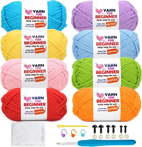 Vista 10 de Paquete de 6 hilos de ganchillo para principiantes azul verde amarillo rojo blanco negro, hilo de algodón para ganchillo para principiantes