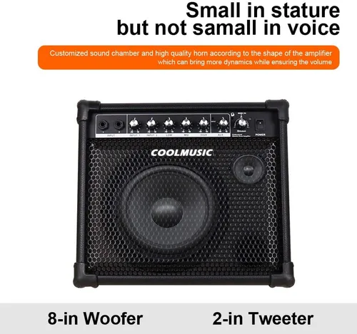 Vista 4 de Coolmusic Amplificador de batería 30W, amplificador de teclado de altavoz de tambor eléctrico inalámbrico con ecualizador de 3 bandas y salida DI
