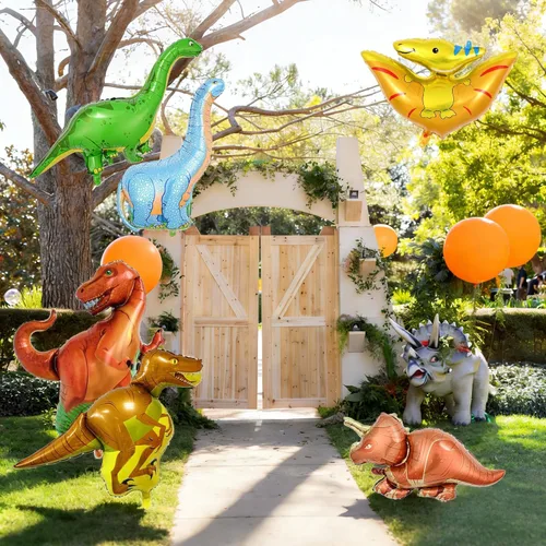 Vista 6 de Juego de 7 globos de dinosaurio, globos de número 3 de 40 pulgadas, 6 globos de dinosaurio, suministros de fiesta temática de dinosaurios