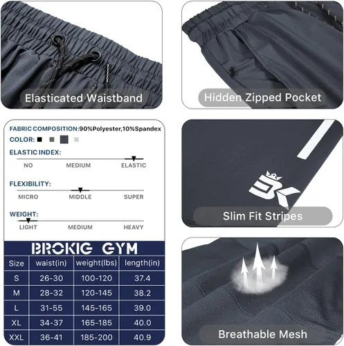 Vista 5 de BROKIG Pantalones deportivos ligeros para hombre, elásticos, de secado rápido, con bolsillos con cremallera